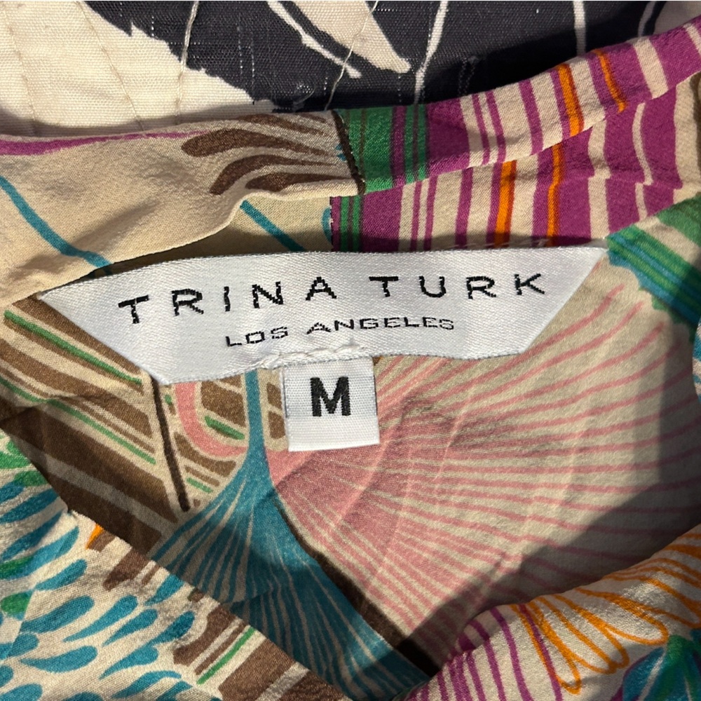 TRINA TURK Tie Neck Detail Multicolor Patterned Blouse Short Sleeve Top - Picture 6 of 6